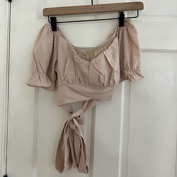 Boho Off the Shoulder Puff Sleeve beige Crop Top‎ - Picture 3 of 5